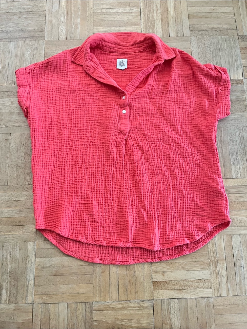 Relaxed Coral Cotton Gauze Polo Tee - Women